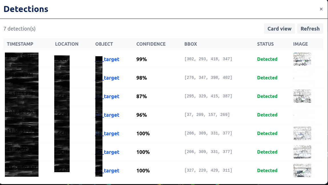 Detection panel card view showing past detections with bounding boxes, class names, confidence, and location
