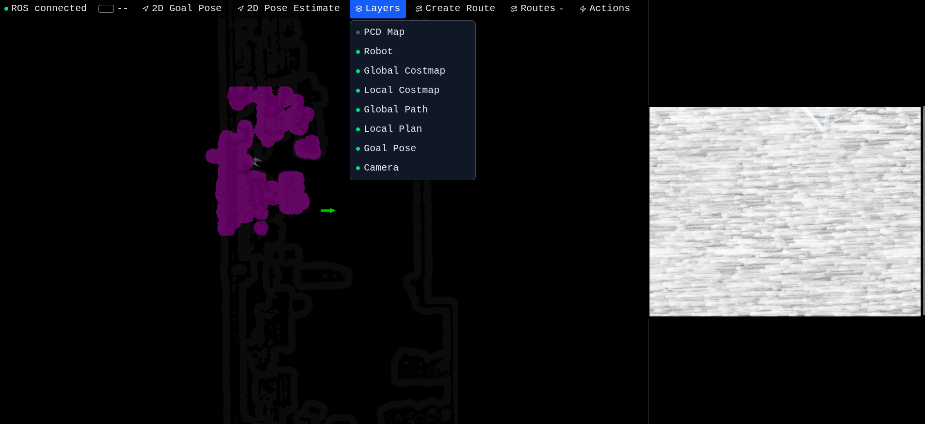 Layers panel dropdown showing toggleable visualizations: PCD, Robot, Costmaps, Paths, Goal, Camera