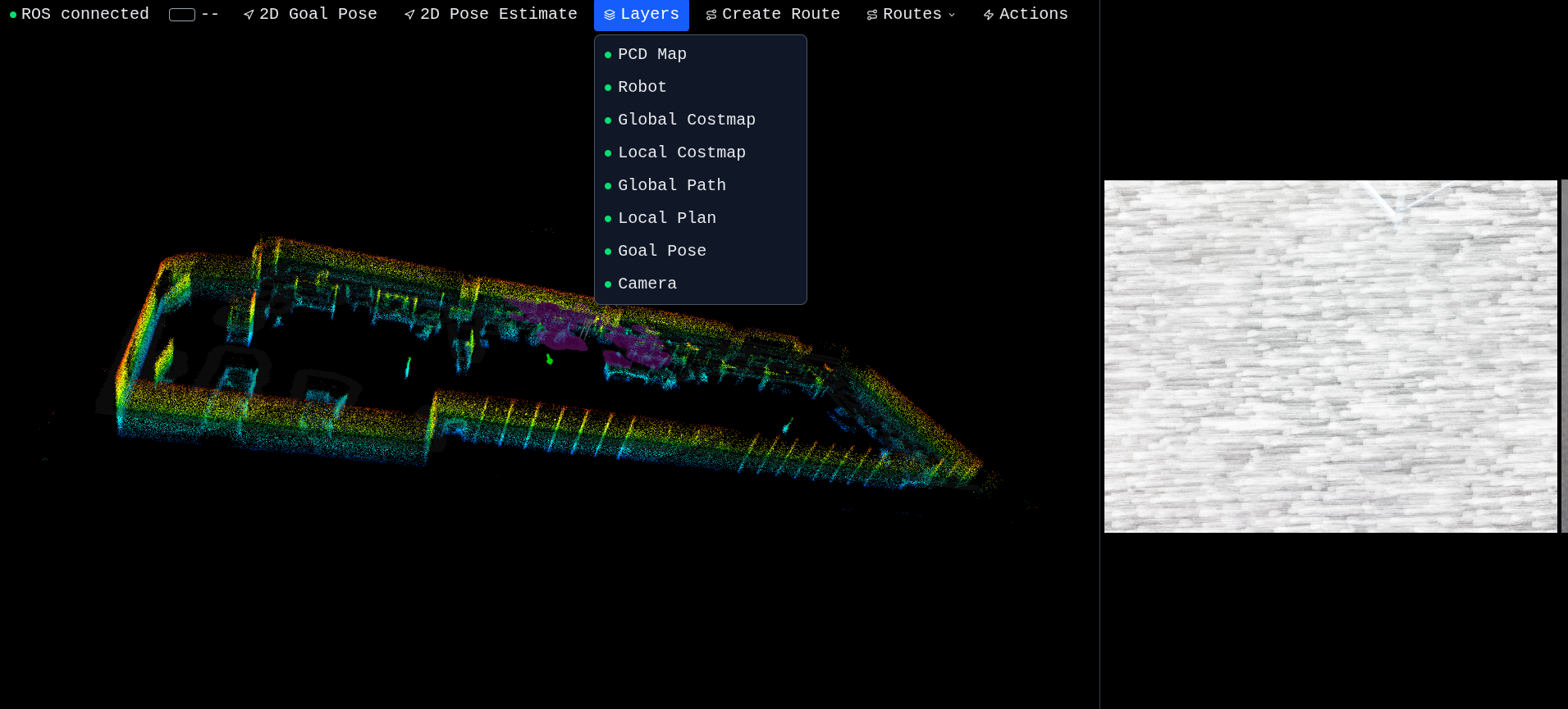 Full SLAM point cloud overlay rendered in 3D with the costmap mesh and live robot pose